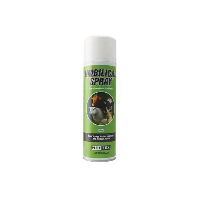 Green and white can of nettex agri umbilical spray broad-spectrum disinfectant for newborn livestock care