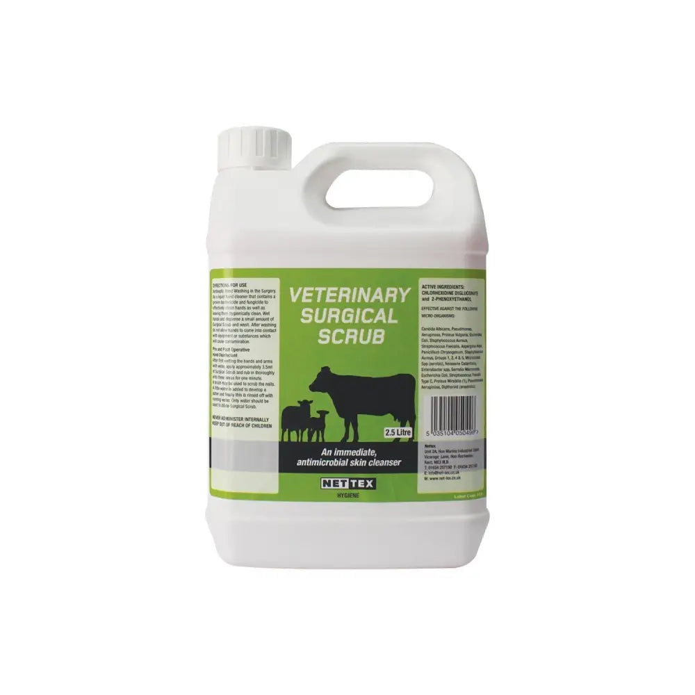 White plastic jug with green label showing black cow silhouettes for nettex agri veterinary surgical scrub antibacterial skin cleansing liquid