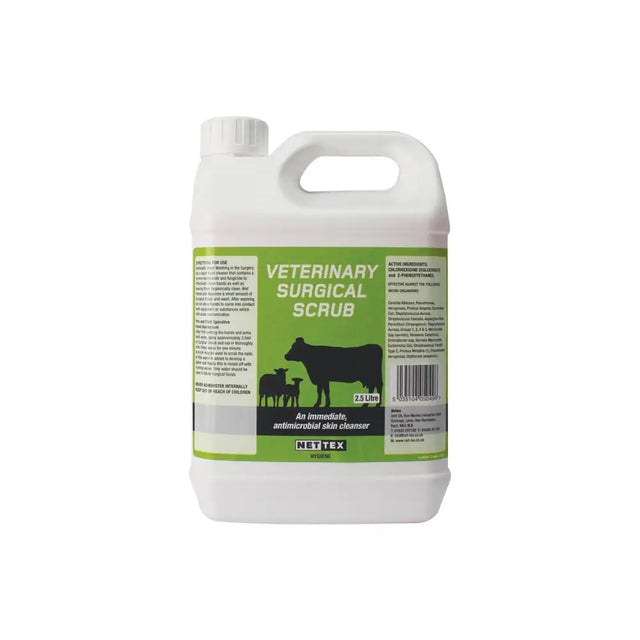 White plastic jug with green label showing black cow silhouettes for nettex agri veterinary surgical scrub antibacterial skin cleansing liquid