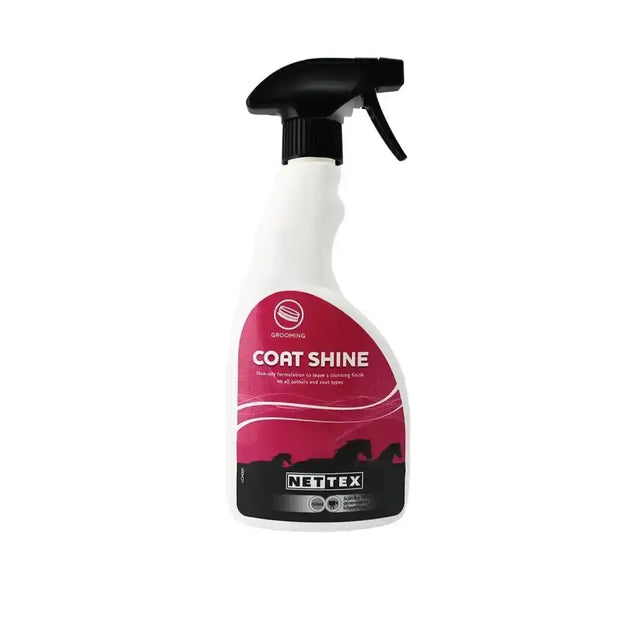 White spray bottle of nette x coat shine with black trigger and pink label for stunning high shine non oily coat dressing