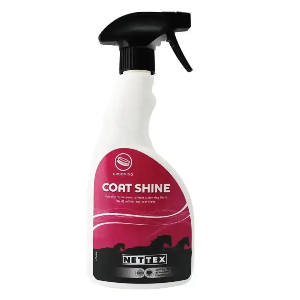 White spray bottle with black nozzle and pink netteex label for premium quality formulation horse grooming coat shine