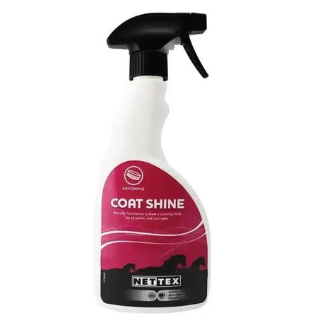 White spray bottle with black nozzle and pink netteex label for premium quality formulation horse grooming coat shine