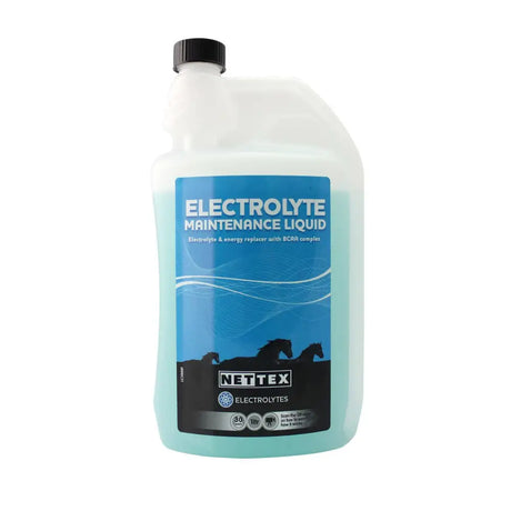 A translucent light blue plastic jug of nettex electrolyte maintenance liquid to rapidly replace vital salts