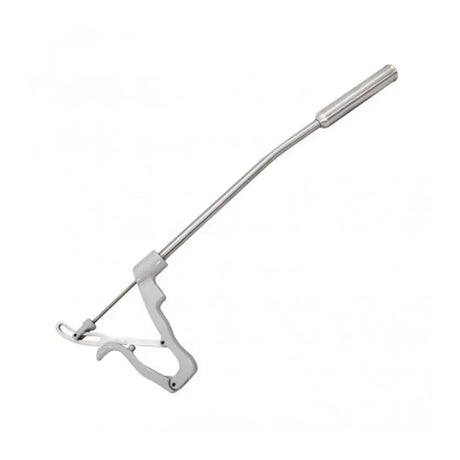 Silver metal livestock nose dropper with curved ergonomic handle for nettex endurabol cattle boluses application