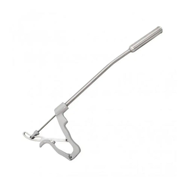 Silver metal livestock nose dropper with curved ergonomic handle for nettex endurabol cattle boluses application