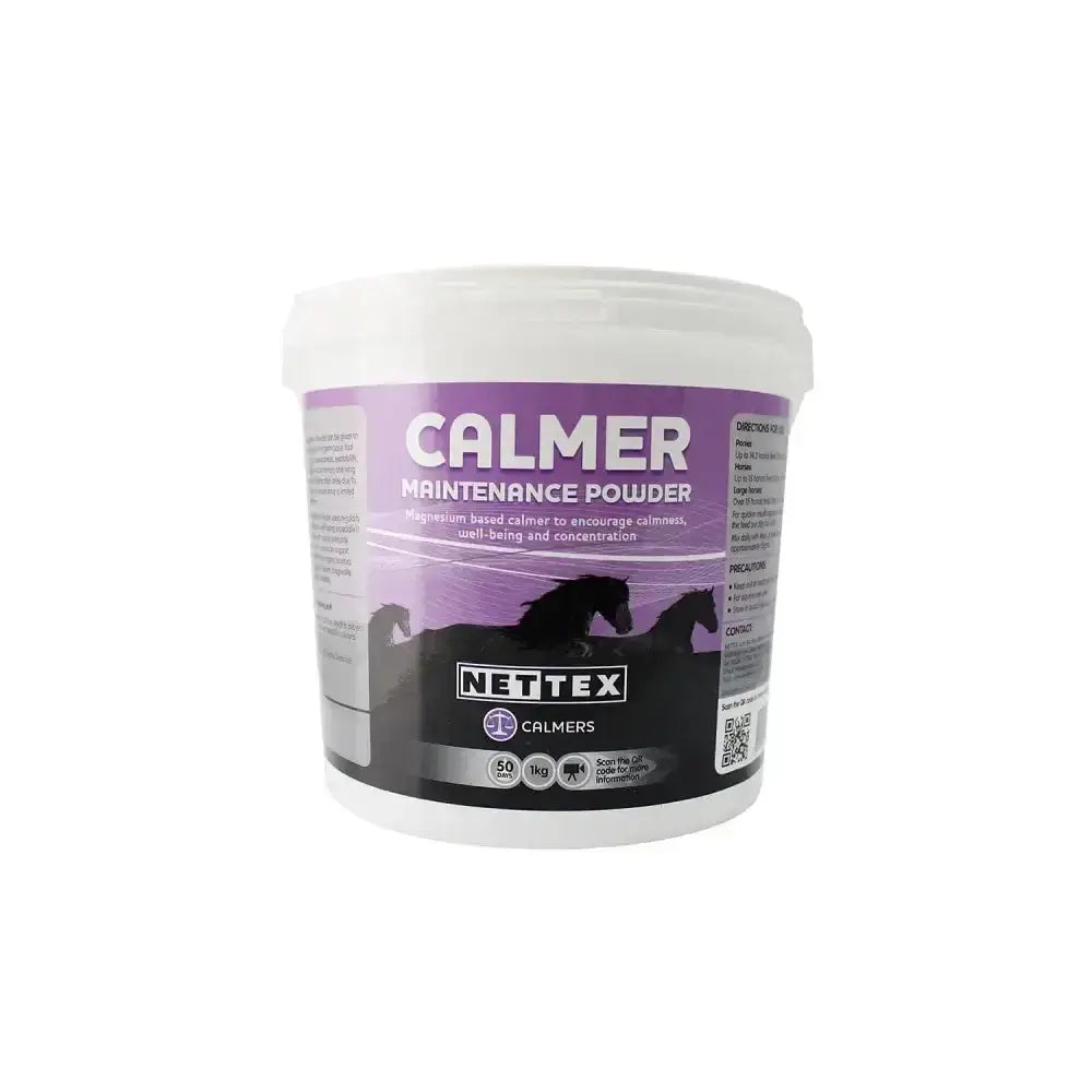 White plastic tub of nettex equine calmer maintenance powder with purple and black label containing bioavailable chelated magnesium