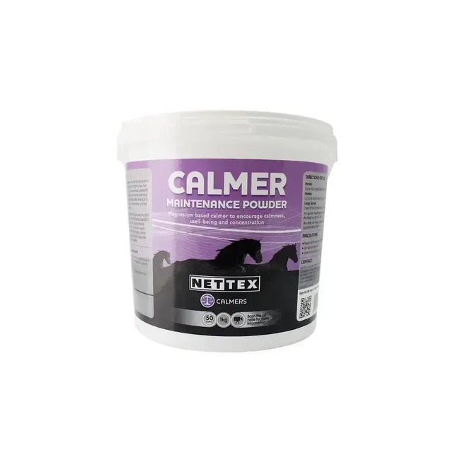 White plastic tub of nettex equine calmer maintenance powder with purple and black label containing bioavailable chelated magnesium