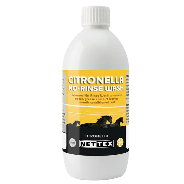 White plastic bottle of nettex equine citronella no-rinse wash with yellow black label and horse silhouettes for summer coat care