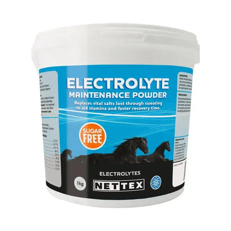 White plastic tub of nettex equine electrolyte maintenance powder sugar free for horses electrolyte maintenance powder