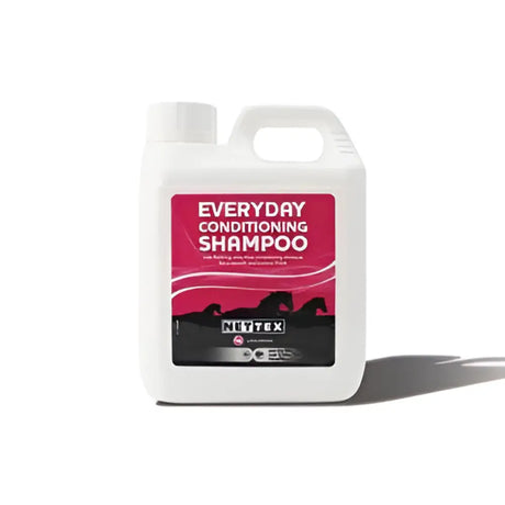 White plastic jug of nettex equine everyday conditioning shampoo with pink and black label featuring horse silhouettes