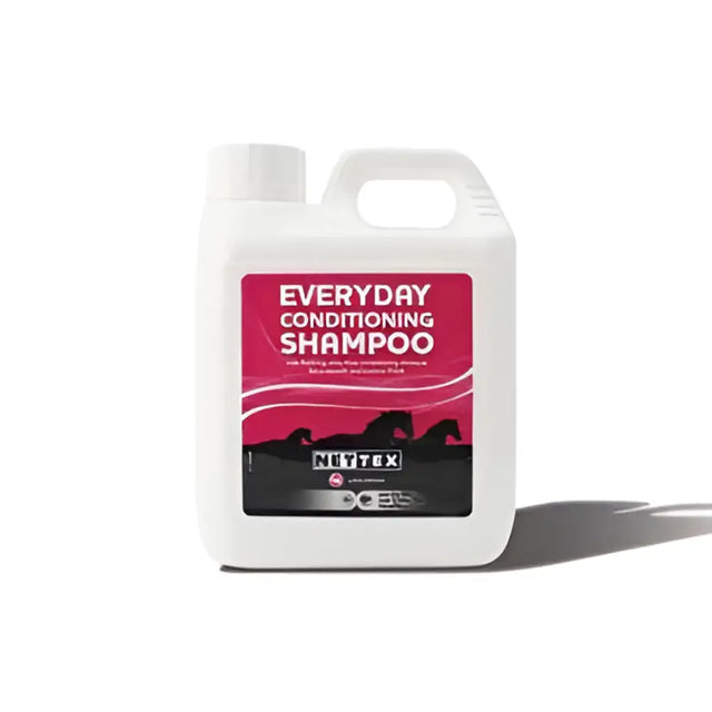 White plastic jug of nettex equine everyday conditioning shampoo with pink and black label featuring horse silhouettes