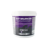 Purple and white labeled plastic container of nettex equine gut balancer with natural yeast formulation for horses