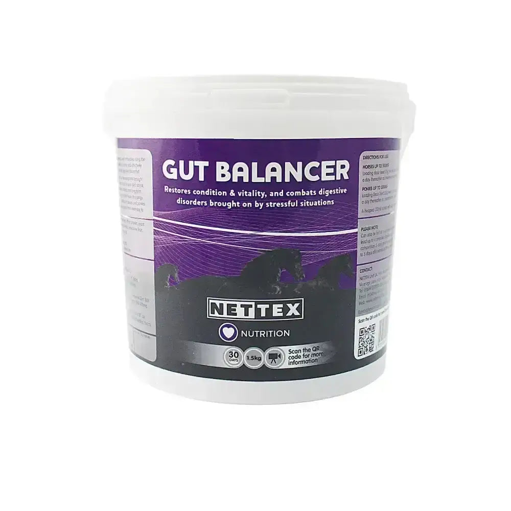White plastic tub of nettex equine gut balancer supplement with purple and black label featuring natural yeast formulation