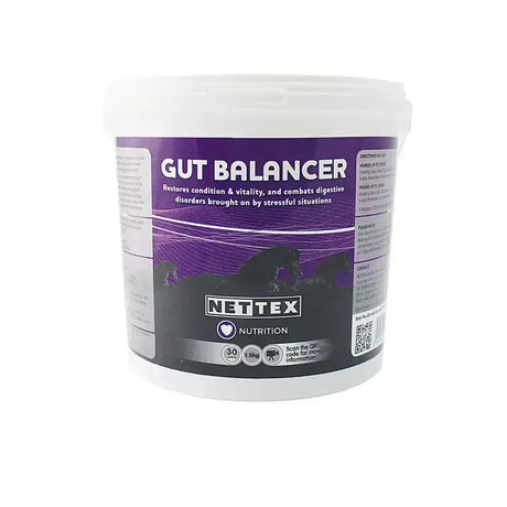 White plastic tub of nettex equine gut balancer supplement with purple and black label featuring natural yeast formulation