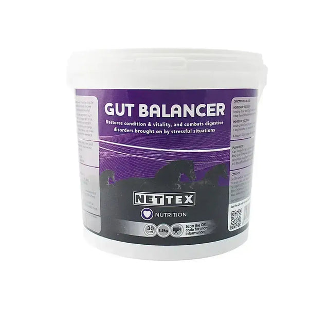 White plastic tub of nettex equine gut balancer supplement with purple and black label featuring natural yeast formulation