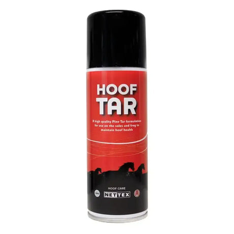 Red and black nettex equine hoof tar aerosol can with traditional antibacterial disinfectant for horse hoof care