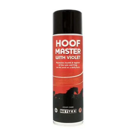 Red and black nettex equine hoofmaster aerosol can with effective purple spray formulation for hoof care