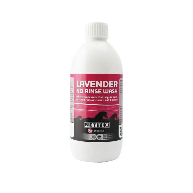 White plastic bottle of nettex equine lavender no rinse wash with pink and black label promoting horse’s well-being and premium quality soothing