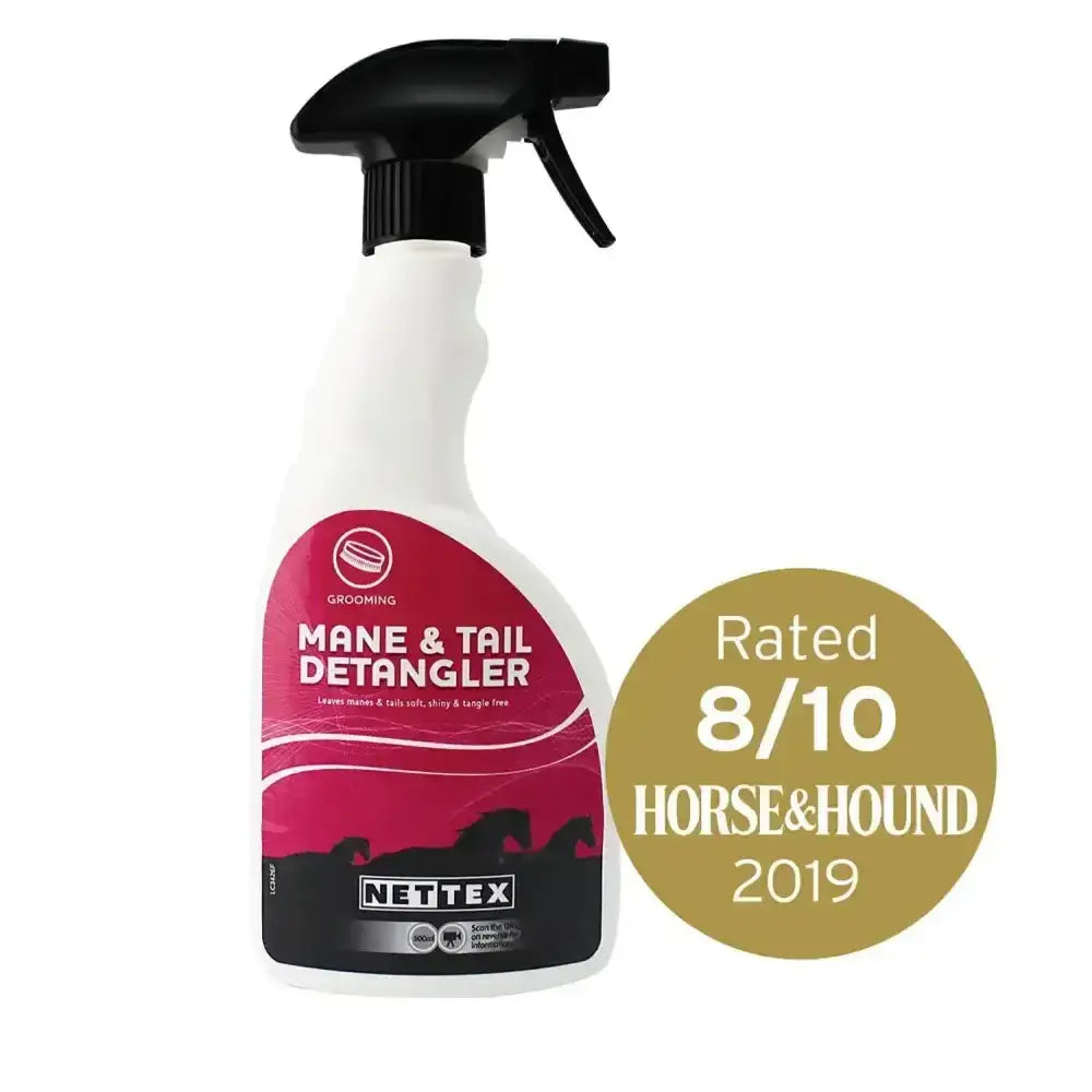 White plastic spray bottle with black trigger and pink nettex equine mane label for tangle free mane & tail detangler
