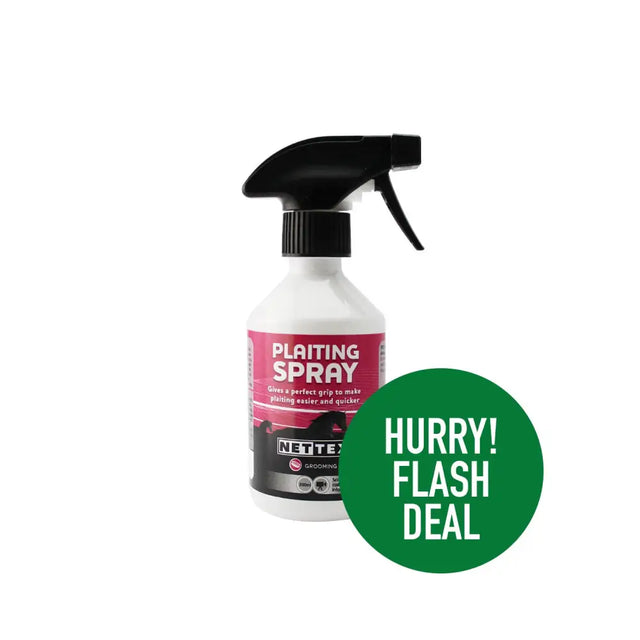 White plastic bottle with black spray nozzle and pink nettex grooming label for nettex equine plaiting spray perfect grip