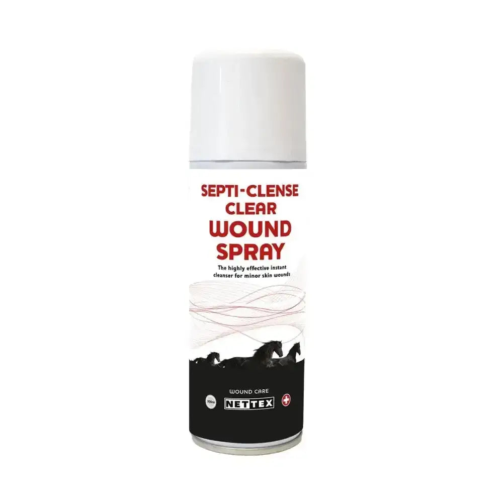 White nettex equine septi-clense aerosol can with black and red label for colourless instant cleanser wound spray