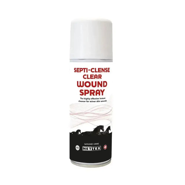 White nettex equine septi-clense aerosol can with black and red label for colourless instant cleanser wound spray