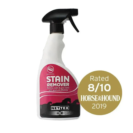 White spray bottle with black trigger and pink black nettex label for equine stain remover to remove in-ground grass