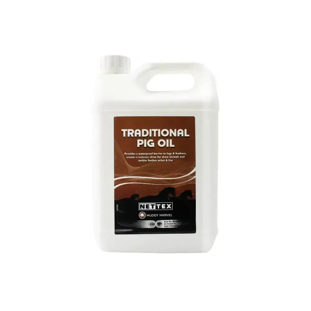White plastic jug of nettex equine traditional pig oil with brown black label featuring pig silhouettes and waterproof barrier