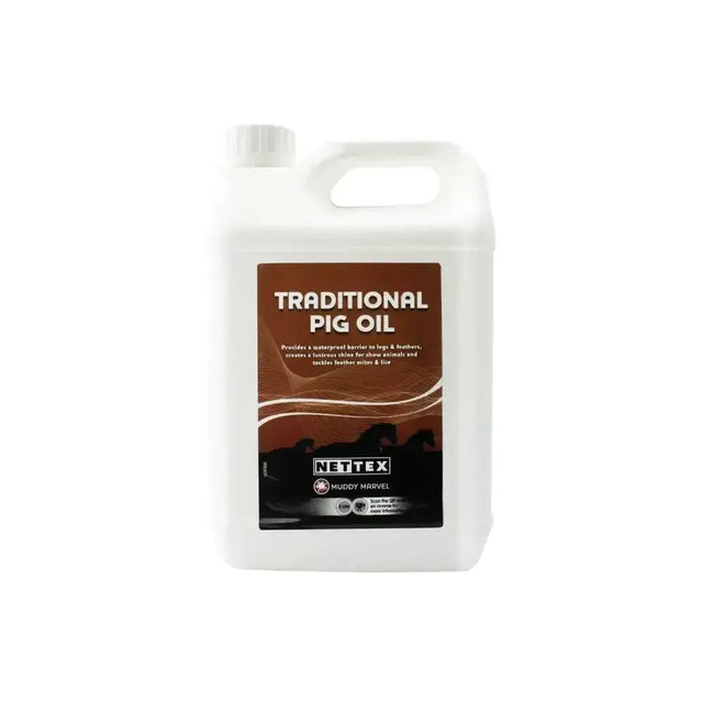 White plastic jug of nettex equine traditional pig oil with brown black label featuring pig silhouettes and waterproof barrier