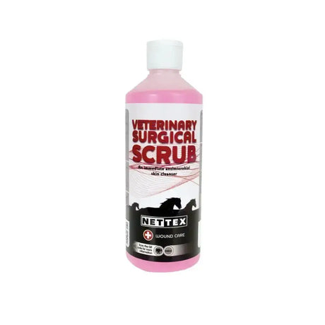 Pink plastic bottle of nettex equine veterinary liquid surgical scrub antimicrobial skin cleanser for wound care