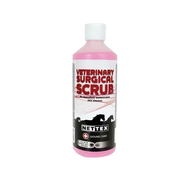 Pink plastic bottle of nettex equine veterinary liquid surgical scrub antimicrobial skin cleanser for wound care