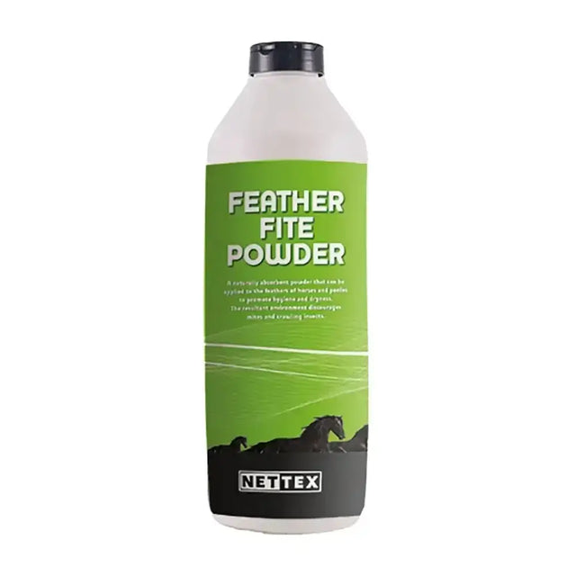 Green and black labeled bottle of nettex feather mite feather mite powder with fossilised diatoms for horse bedding