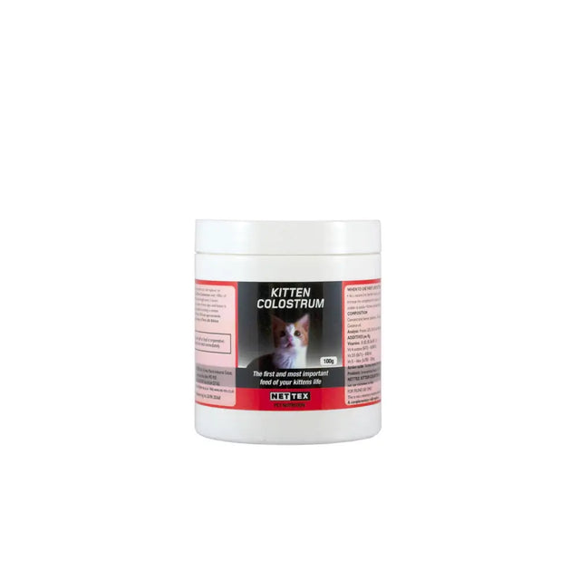 White plastic container of nettex first life kitten colostrum with red and black label for orphaned kittens supplement