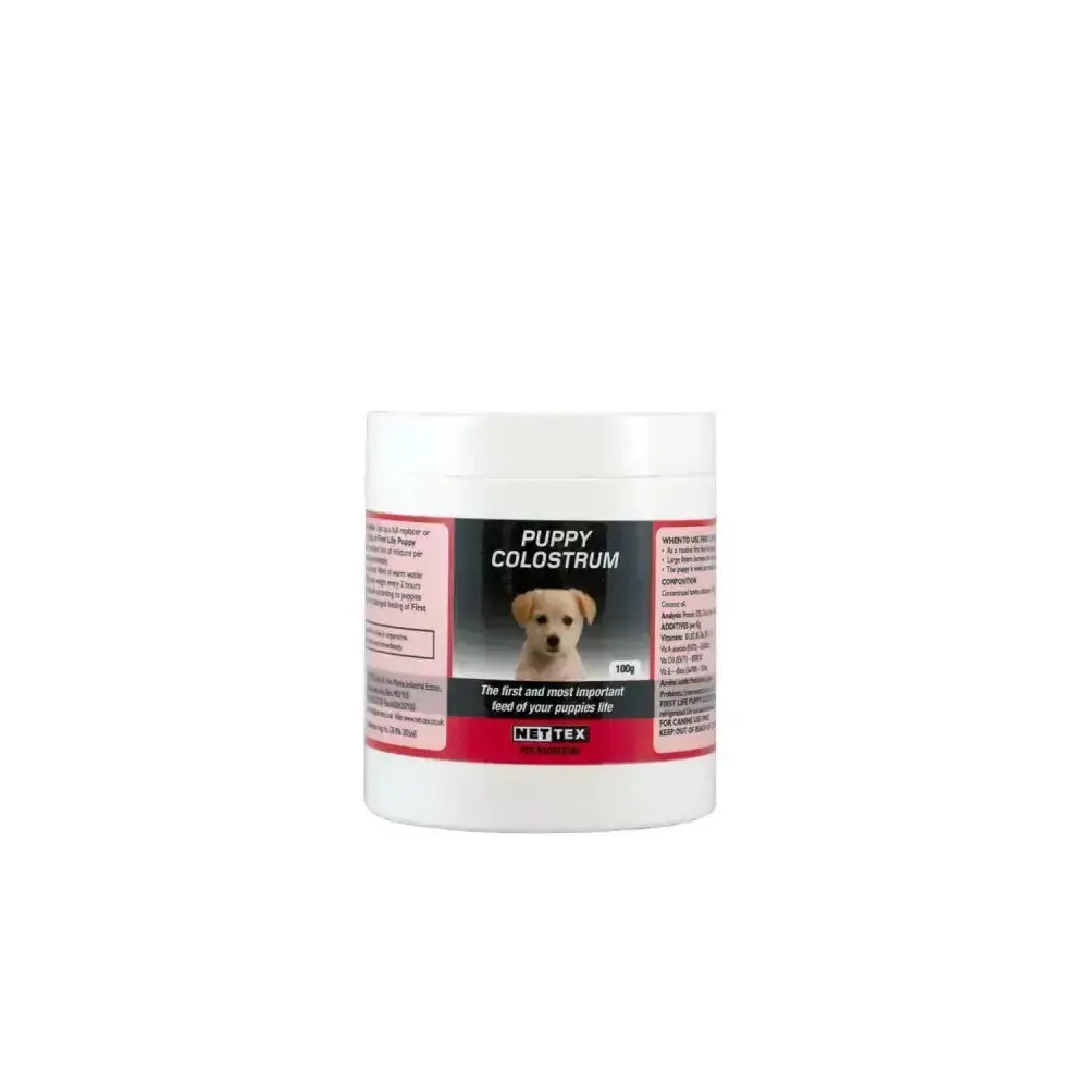 White cylindrical container of nette first life puppy colostrum 180g colostrum derived supplement for bitches colostrum