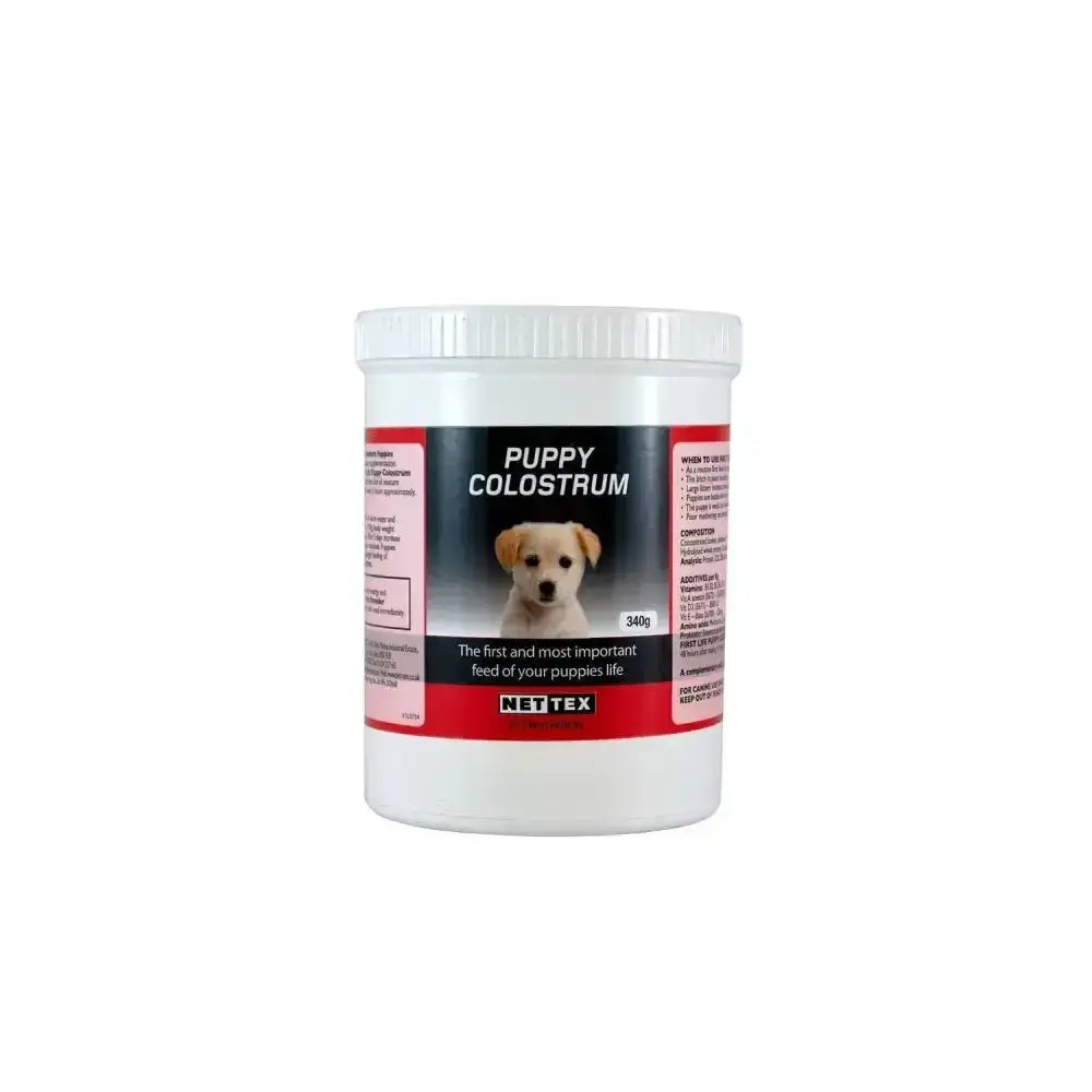 White plastic container of nettex first life puppy colostrum 340g colostrum derived supplement for bitches colostrum