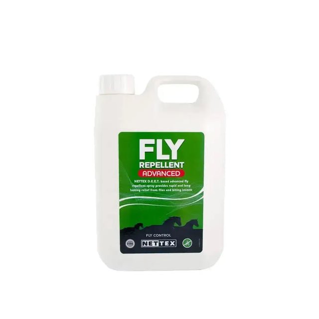 White plastic jug of nettex fly repellent advanced 2lt with green and black label for long lasting repellent use