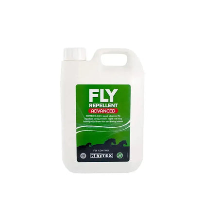 White plastic jug of nettex fly repellent advanced 2lt with green and black label for long lasting repellent use