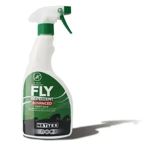 White plastic spray bottle with green cap labeled netteX fly repellent advanced long-lasting repellent for horses