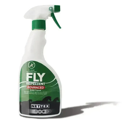 White plastic spray bottle with green cap labeled netteX fly repellent advanced long-lasting repellent for horses