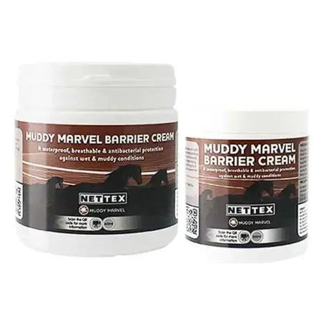 Two white plastic jars of nettex muddy marvel barrier cream with brown black labels featuring horse silhouettes bulk buy