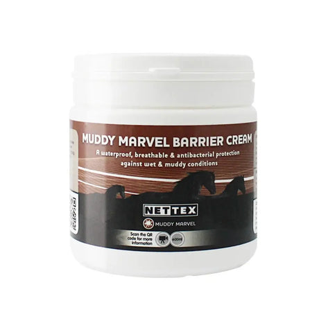 White plastic jar of nettex muddy marvel barrier cream with brown and black label for skin protection