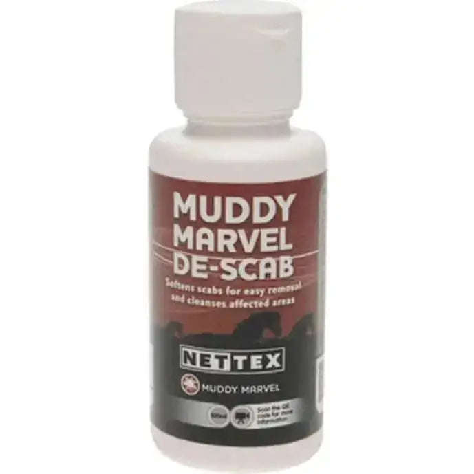 White plastic bottle with white cap labeled nettex muddy marvel de-scab in a marvel de-scab bulk product