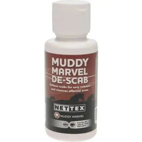 White plastic bottle with white cap labeled nettex muddy marvel de-scab in a marvel de-scab bulk product
