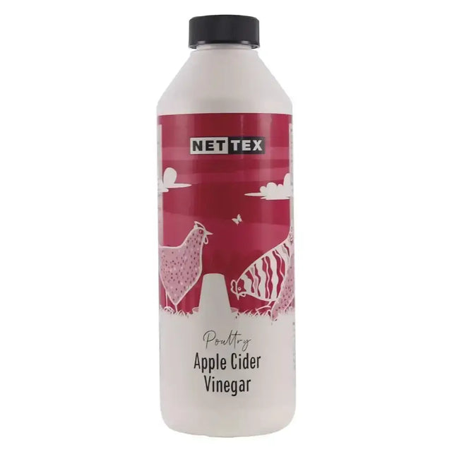 A white plastic bottle with a black cap and red label of nettex poultry apple cider vinegar natural supplement produced for chickens