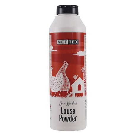 White plastic bottle with red label showing chicken and barn for nettex poultry buz buz busters louse powder