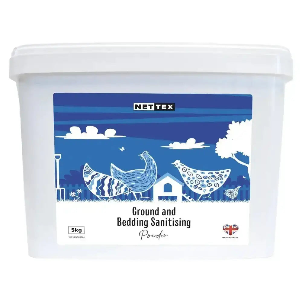 White plastic container of nettex poultry ground highly absorbent bedding sanitising powder with blue label and chicken illustrations