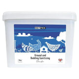 White plastic container of nettex poultry ground highly absorbent bedding sanitising powder with blue label and chicken illustrations