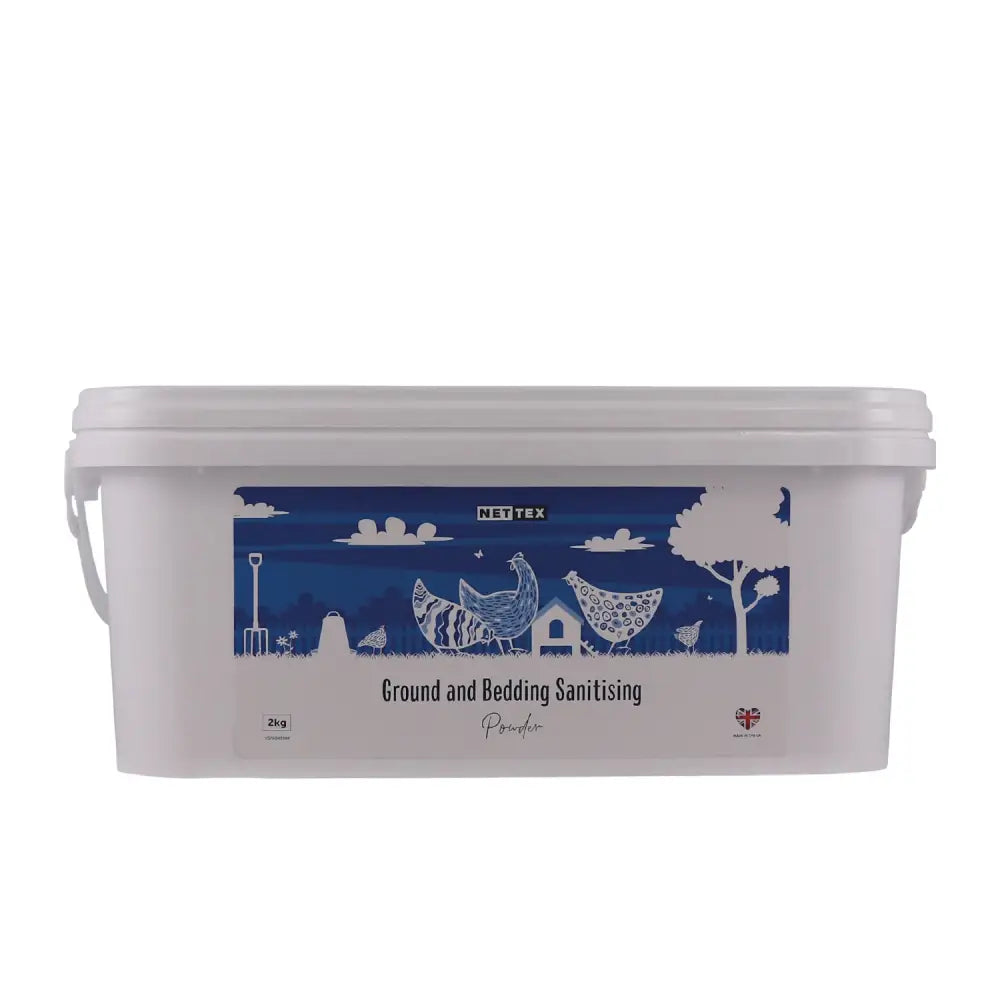 White plastic bucket of nettex poultry ground bedding sanitising powder with farm-themed label for 2kg use
