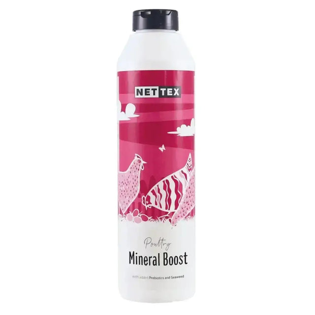 A white plastic bottle with black cap and pink label showing chickens fish and clouds for nettex poultry mineral boost