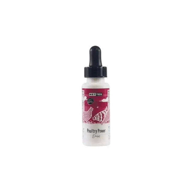 White plastic bottle with black dropper cap and pink label featuring chicken illustrations labeled nettex poultry power drops fast acting pick-me-up